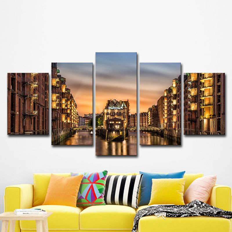 Glam Night Cityscape Wall Decor Gold Hamburg Water Castle Canvas Wall Art for Family Room