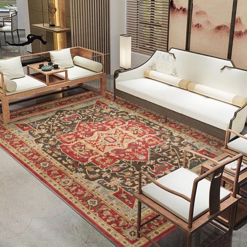 Nostalgia Ethnic Floral Print Rug Red Tone Polyester Area Carpet Stain Resistant Rug for Living Room