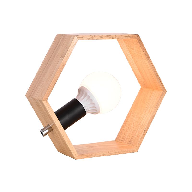 Wooden Hexagon Night Stand Light Minimalist Single Table Lighting with Naked Bulb Design