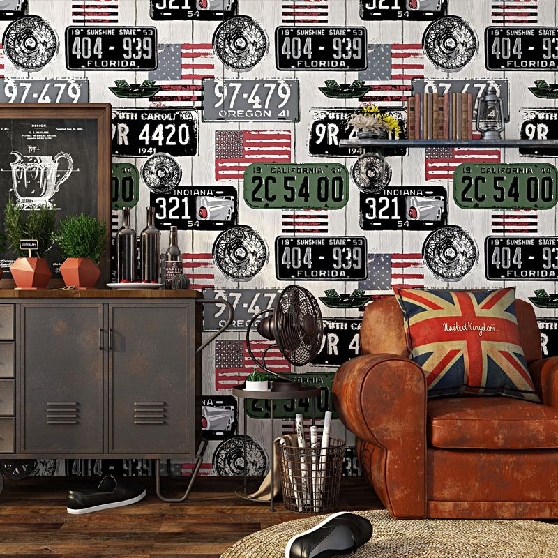 Decorative Non-Pasted Graffiti of Car Plates and USA National Flags Matted Plaster Wallpaper in Multi-Color