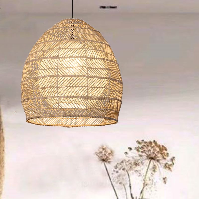 Bell Suspension Lighting Traditional Rattan 1 Bulb Wood Hanging Ceiling Light for Guesthouse