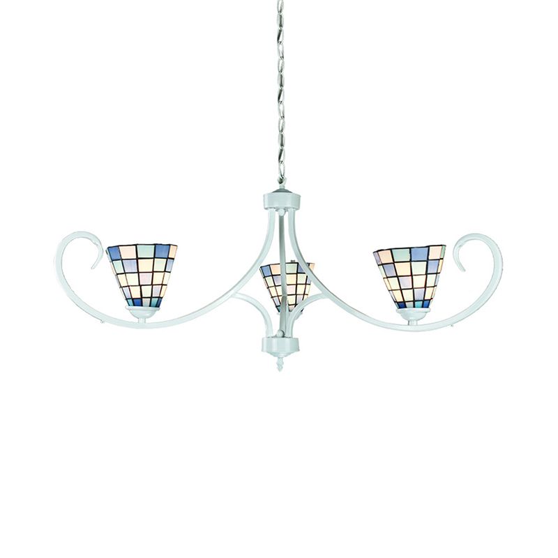 Éclairage pendentif à cône avec chaîne réglable à 3 lumières traditionnelles lustre en vitrail en bleu