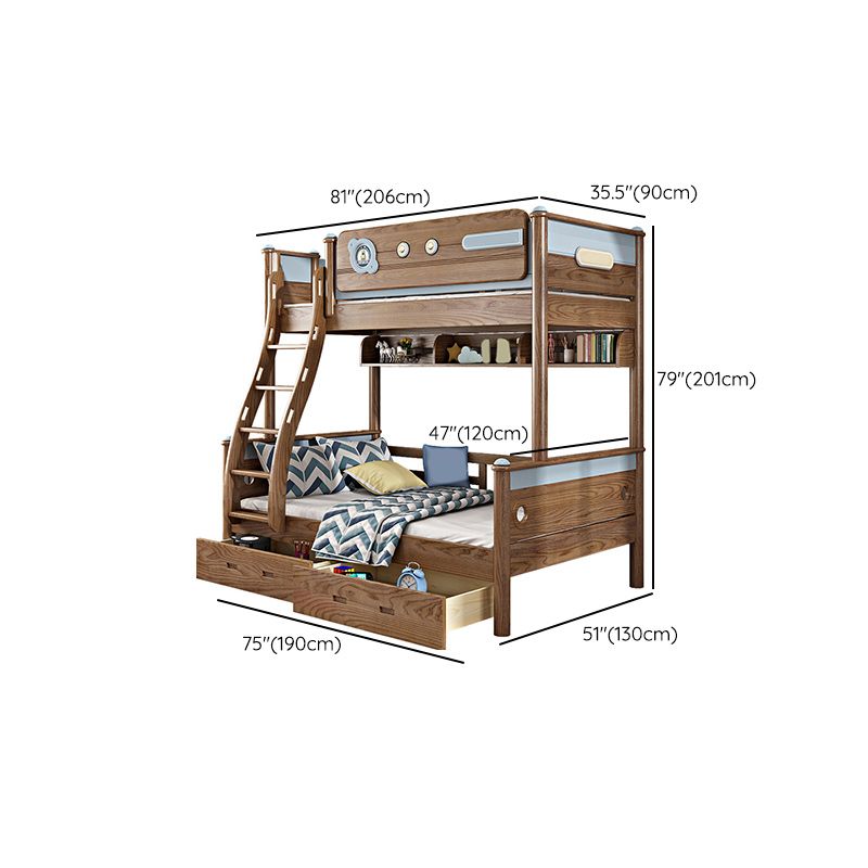 Brown Ash Standard Bunk Bed Solid Wood Scandinavian Bed with  Guardrail