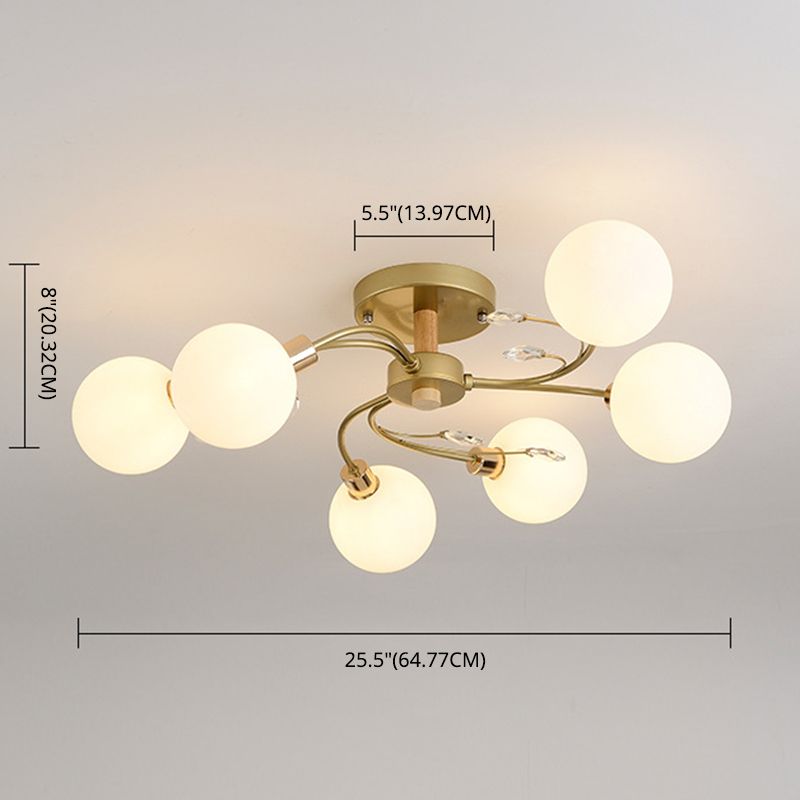 Nordic Style Glass Globe Ceiling Light Spiral Metal Lamp Arm Semi Flush-mount Lamp with Decorative Crystals Design