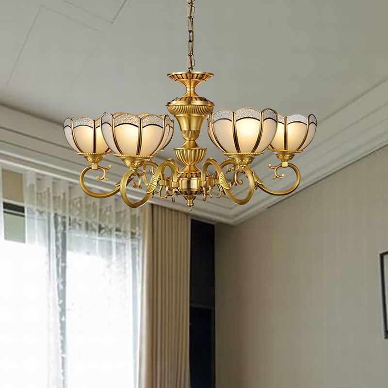 6 lichten kroonluchter hanglamp koloniale slaapkamer plafond suspensie licht in goud met bowl frosted glazen schaduw