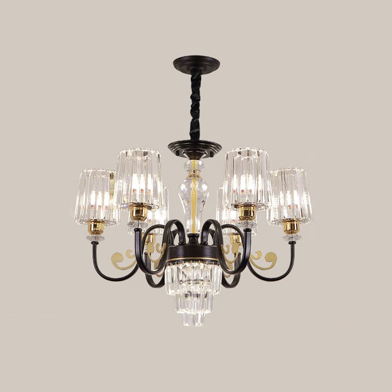 Black Tapered Ceiling Lamp Simplicity 6/8 Lights Prismatic Crystal Chandelier Lighting Fixture with Scroll Arm