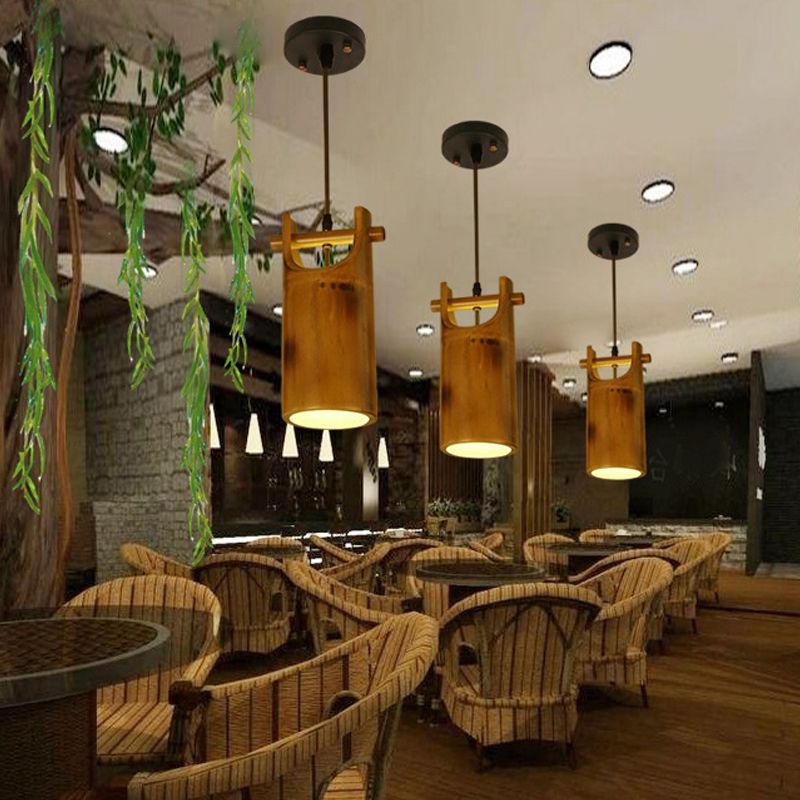 1 Light Hanging Pendant Light Farm Dining Room Ceiling Lamp with Barrel Bamboo Shade in Brown