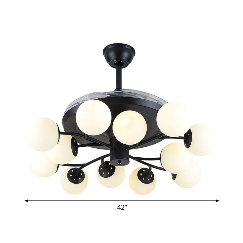 Black Globe Pendant Fan Lamp Contemporary 42" Wide 12 Lights Opal Glass Semi Flush Mount Light