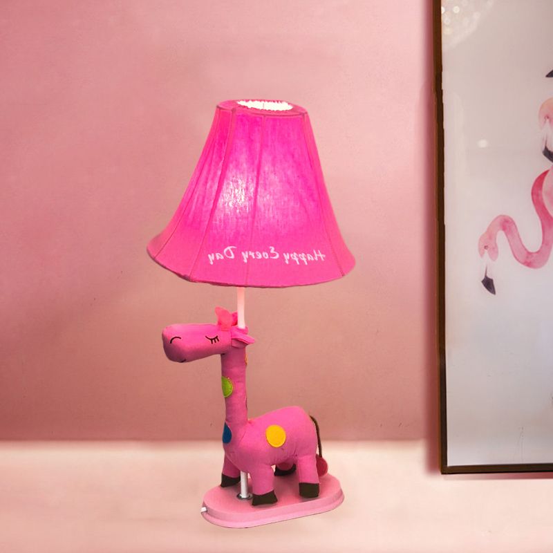 Flared Script-Print Fabric Table Lighting Kids Single-Bulb Yellow/Blue/Pink Night Lamp with Giraffe Base