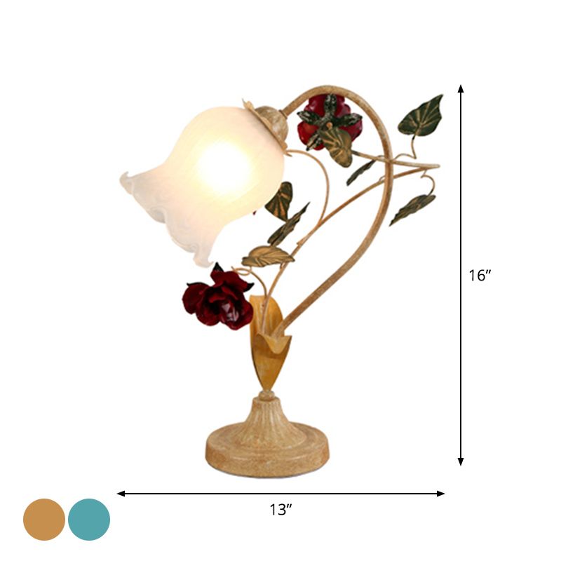 1-Bulb Night Light Pastoral Floral Frosted Milky Glass Table Lamp with Arched Arm in Blue/Beige