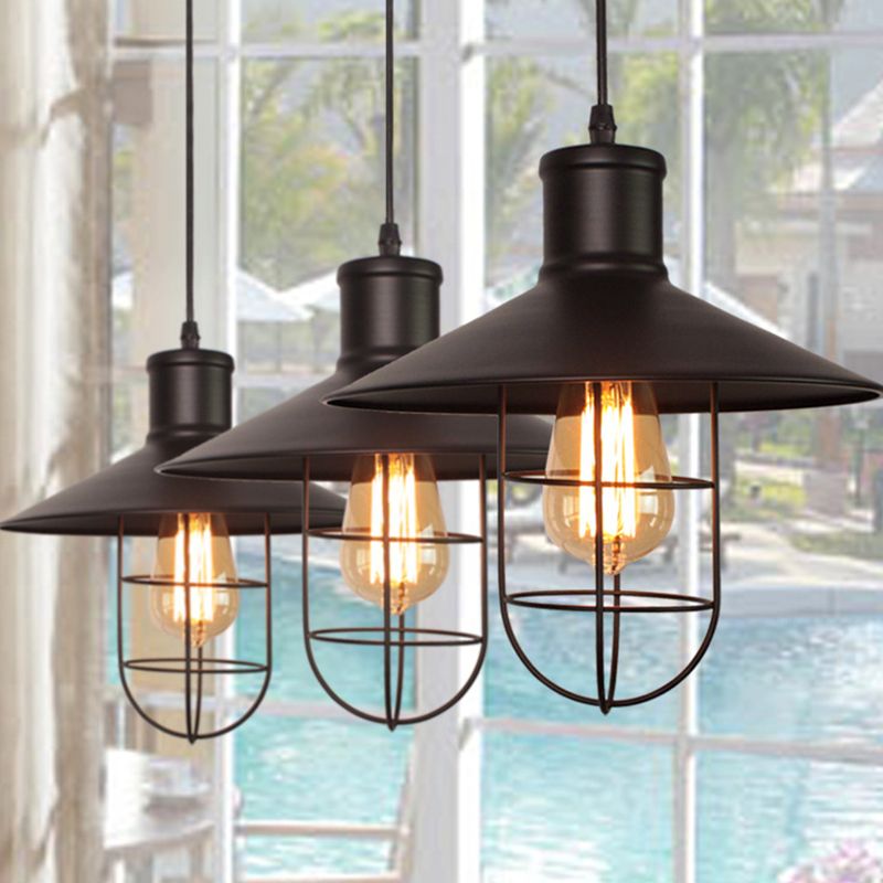 Industrial Saucer Shade Pendant Lamp 1 Head Metal Hanging Light Fixture with Cage Bottom in Black