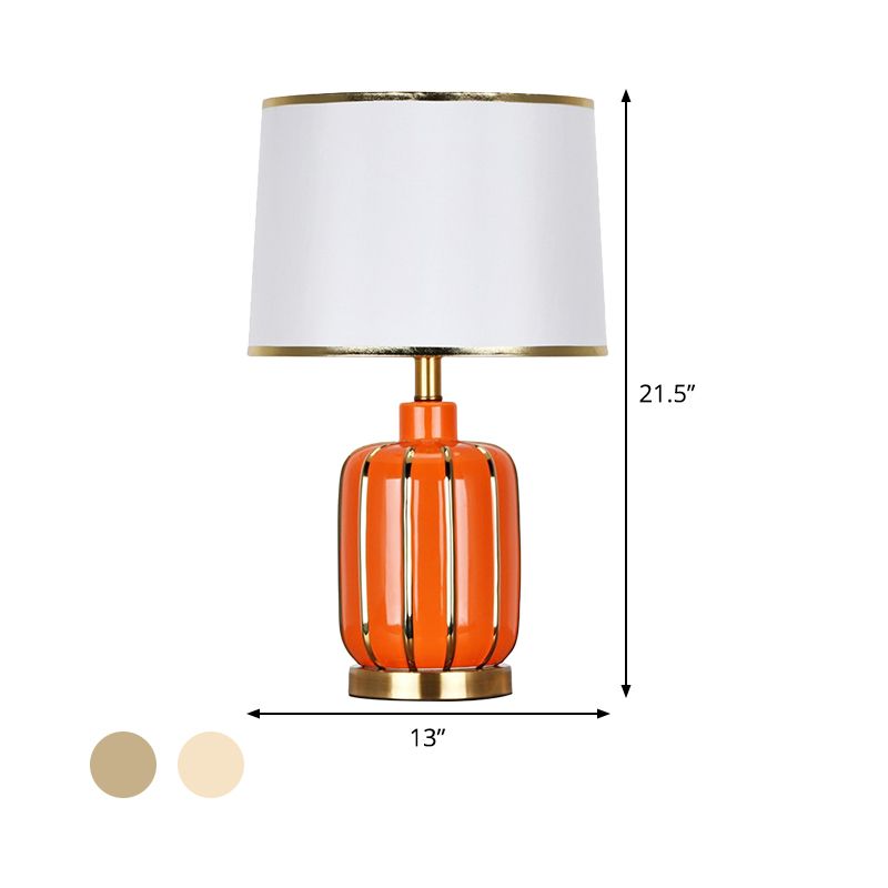 Contemporary 1 Bulb Nightstand Lamp Beige/Gold Barrel Reading Book Light with Fabric Shade