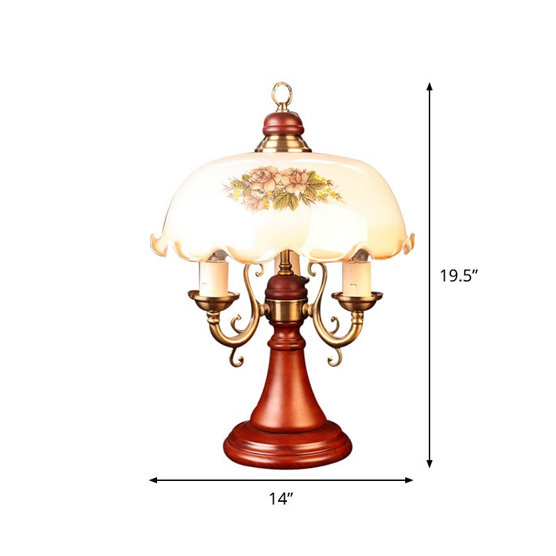 Candlestick Wooden Table Lamp American Flower 2 Bulbs Bedroom Night Stand Light in Red Brown with Wide Bowl Glass Shade