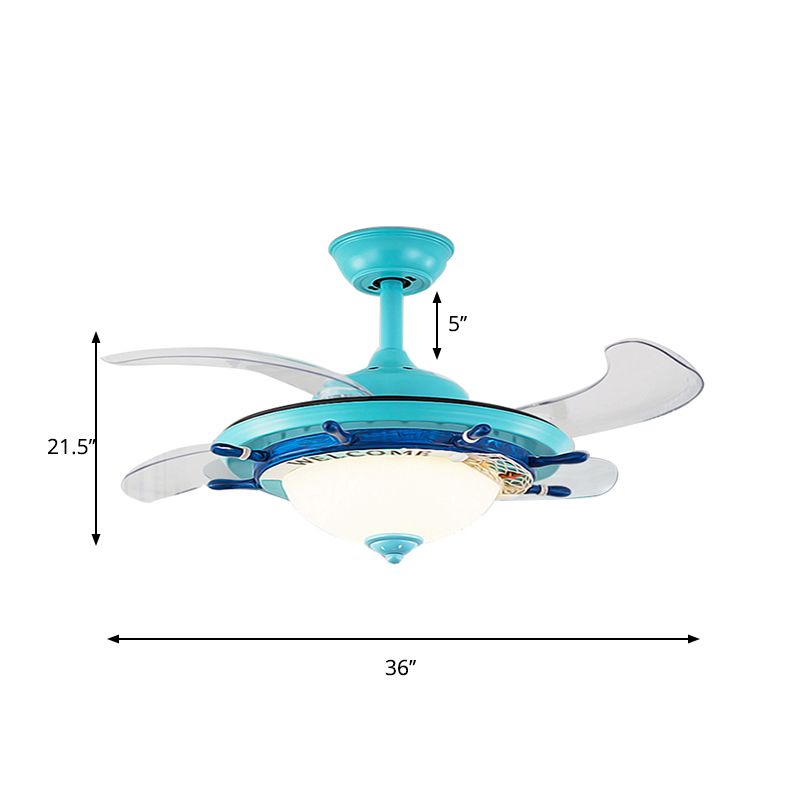 1-Light Bedroom Rudder Fan Lamp Kids White/Blue 4 Blades Semi Mount Lighting with Dome Opal Glass Shade, 36" Wide