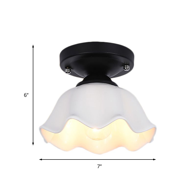 Scalloped Living Room Semi Flush Industrial Milky Glass One Light Black Lighting Fixture