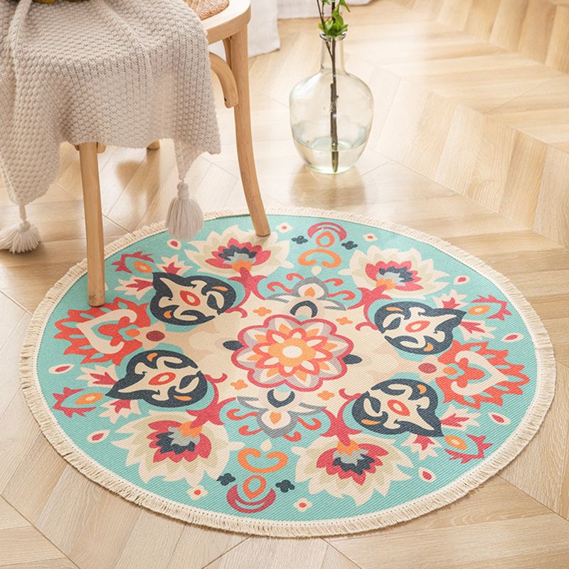 Round Funky Carpet Americana Pattern Area Rug Cotton Blend Fringe Indoor Rug for Living Room