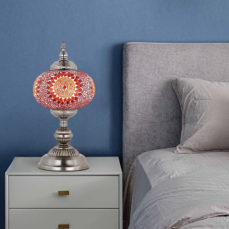 Tower Bedroom Night Table Lamp Mediterranean Stained Glass 1 Bulb Red/Blue/Yellow and Blue Nightstand Light