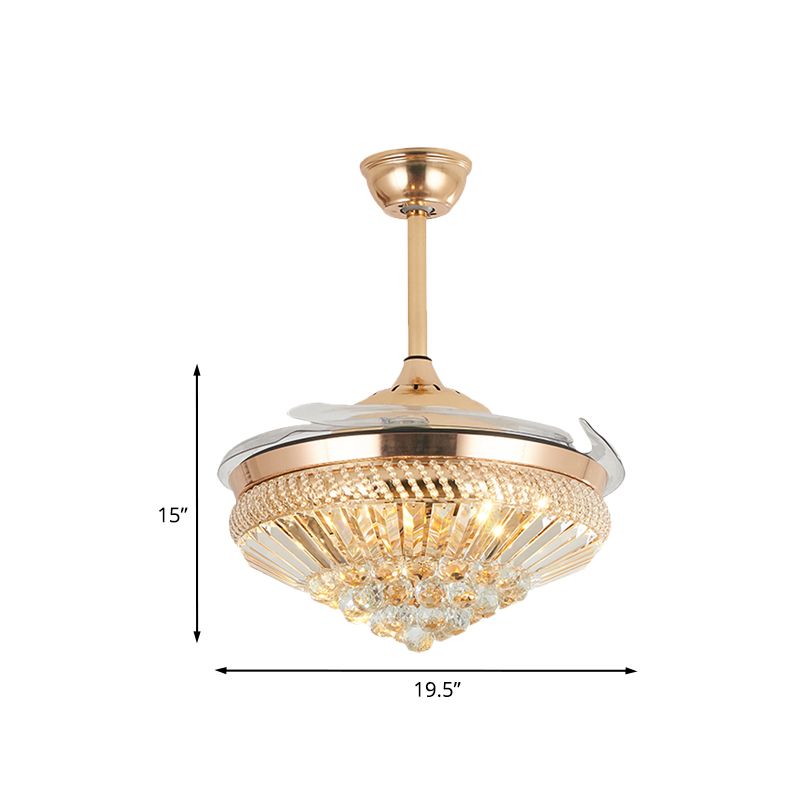 Modernism Conical Semi Mount Lighting Crystal LED 5 Blades Hanging Fan Lamp in Gold, 19.5" W