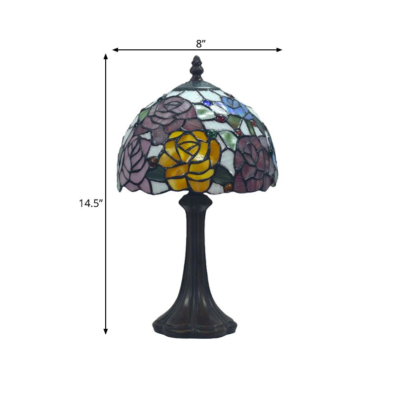 Rosebush Nightstand Light 1-Head Cut Stained Glass Tiffany Table Lamp with Bowl Shade in Bronze