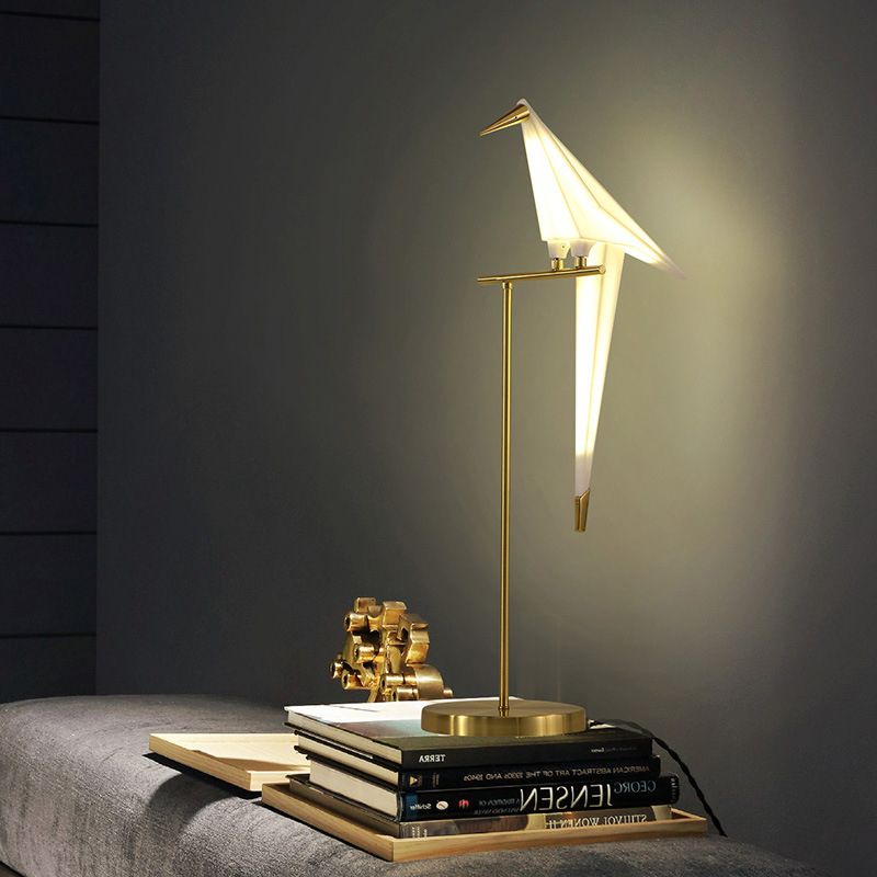 Designer Paper-Crane Acrylic Night Lamp LED Table Lighting with Gold Straight Stand for Bedside