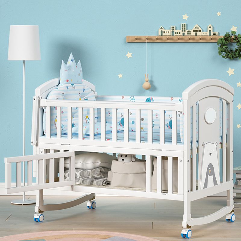 White Wooden Nursery Crib Storage Scandinavian Crib with Casters