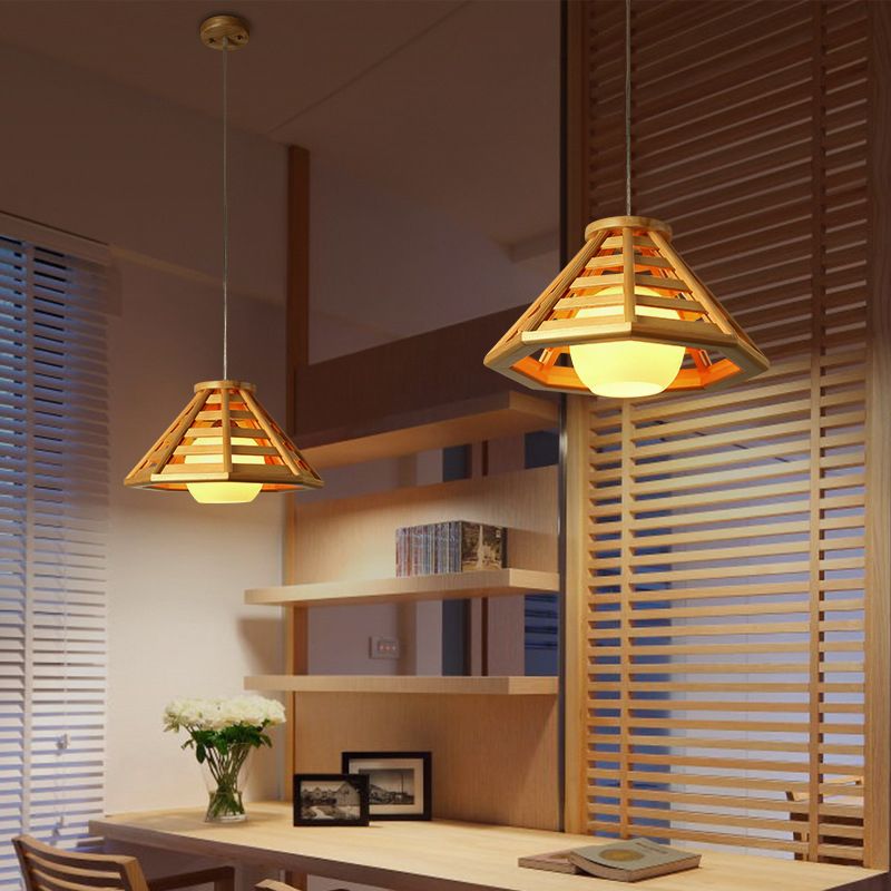 Beige Tapered Pendant Light South-East Asia 1 Bulb Wood Ceiling Suspension Lamp with Globe White Glass Shade