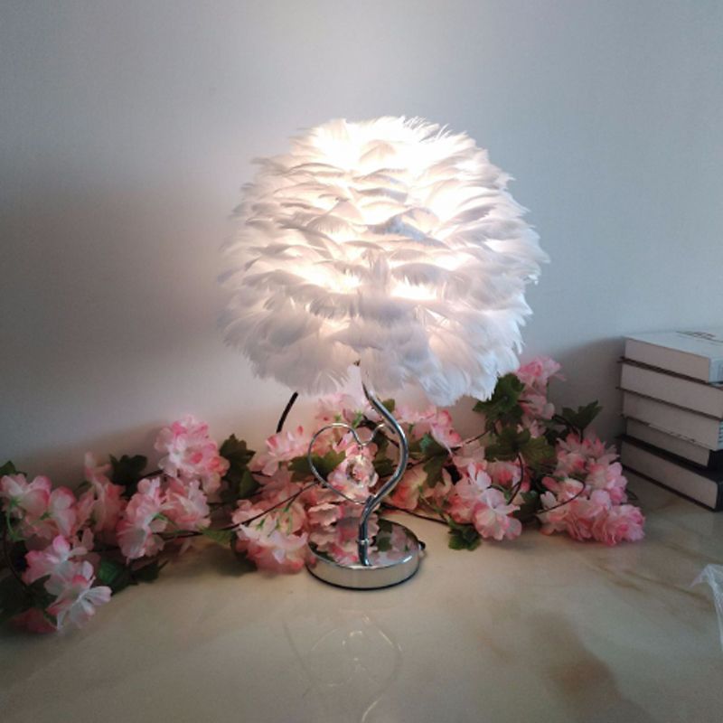 1-Light Bedroom Night Lamp Nordic Grey/Orange/Pink Table Light with Dome Feather Shade and Crystal Accent