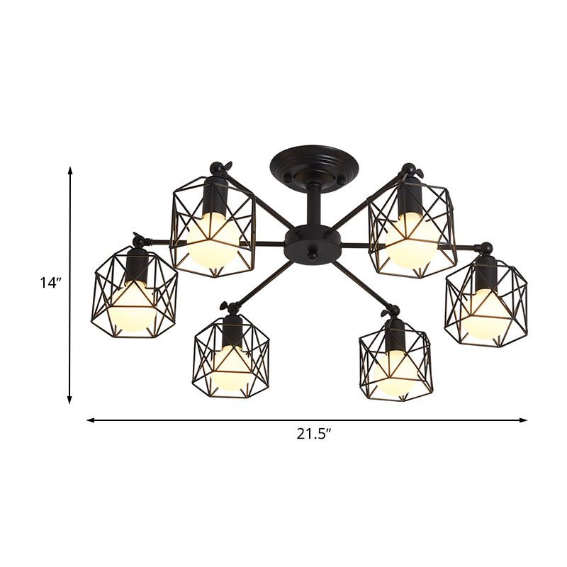 6/8 lumières Spider Semi Flush Light avec une nuance de cage globale de style rétro noir métal semi-luxuré Pendante pour le salon