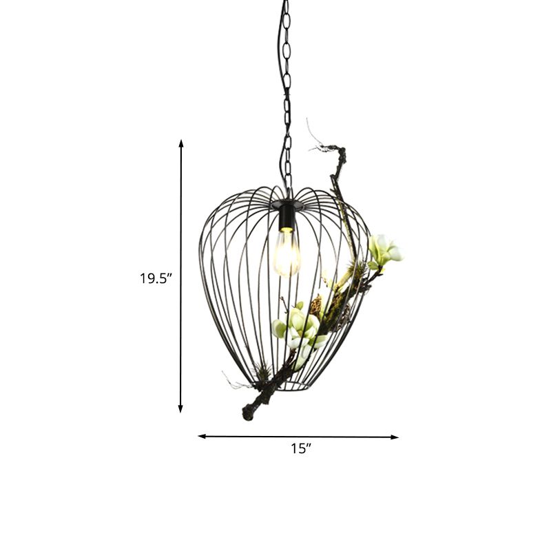 Pear Cage Iron Suspension Lamp Vintage 1 Bulb Study Room Flower Down Lighting Pendant in Black, 15"/18" W