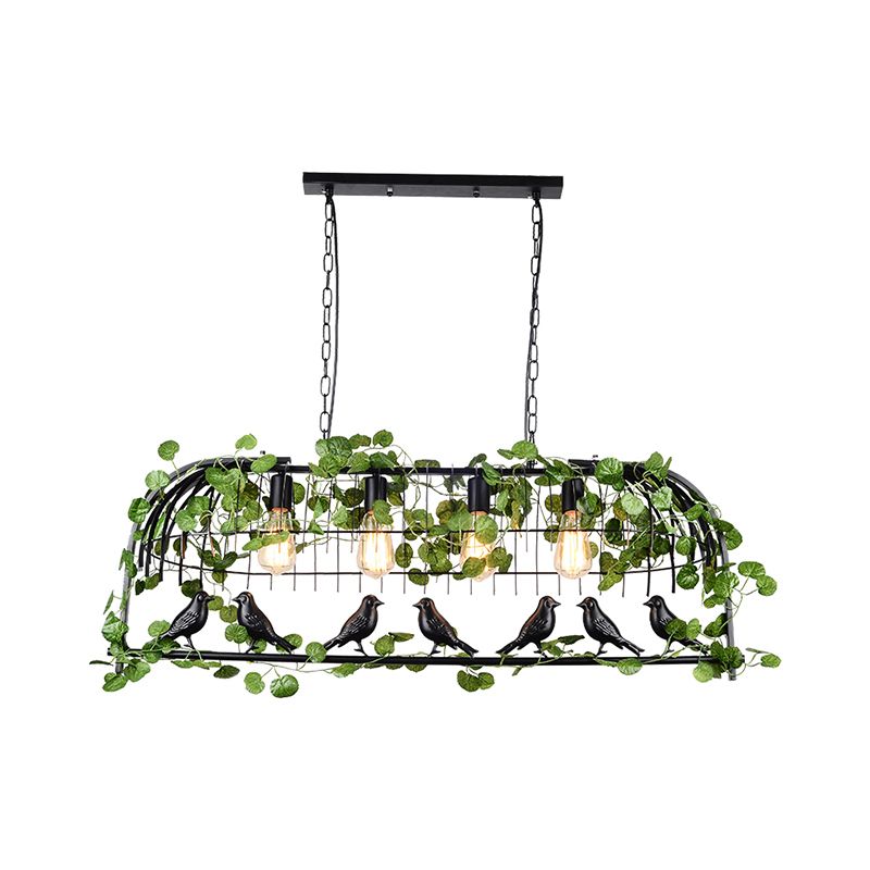 Birdcage Iron Island Pendant Light Vintage Restaurant Ceiling Light with Decorative Ivy in Black