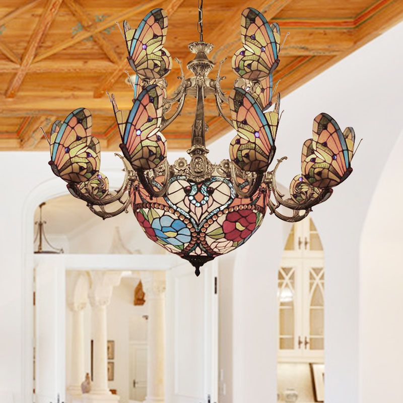 Tiffany Stunning Multi-Colored Chandelier with Butterfly Glass Pendant Light for Living Room