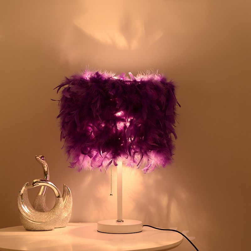 White/Red/Pink Cylindrical Table Lamp Romantic Modern 1 Bulb Feather Pull-Chain Nightstand Light