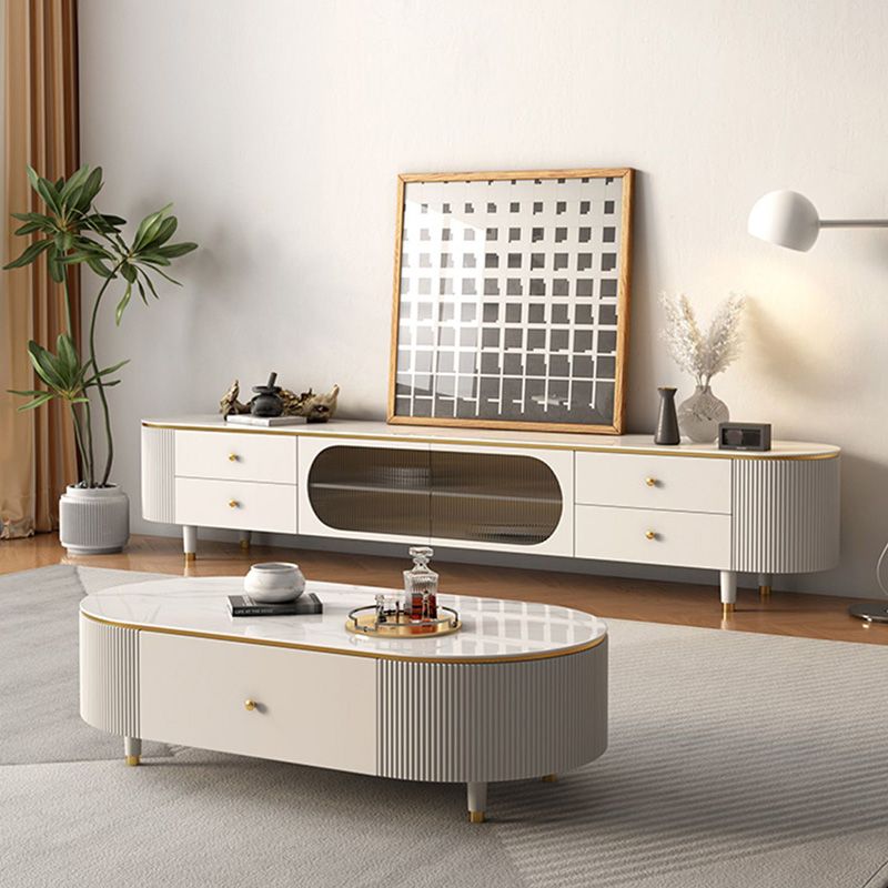Glam Stone Oval Single White 4 Legs Coffee Table with Drawers