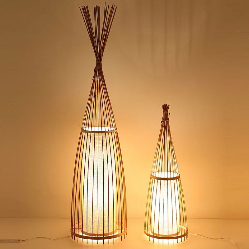 Southeast Asia Conical Stand Up Lamp Bamboo Single Living Room Floor Lighting with Cylinder Diffuser