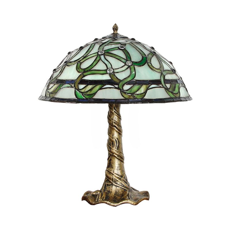 Bowl Hand-Cut Stained Glass Table Light Baroque 1 Bulb Brass Night Lamp with Pull Chains