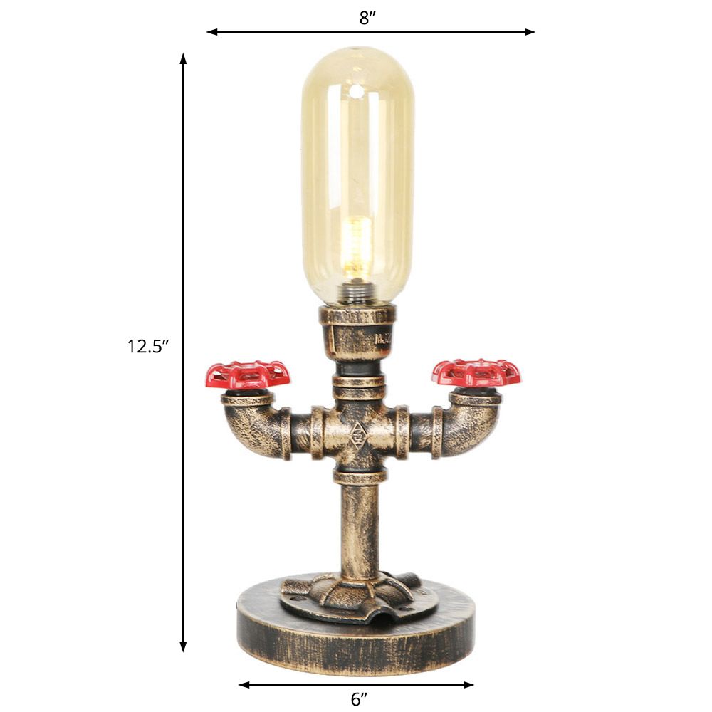 1 Light Capsule Table Light Industrial Brass Clear/Amber Glass Nightstand Lamp with Pipe Metal Base for Teahouse