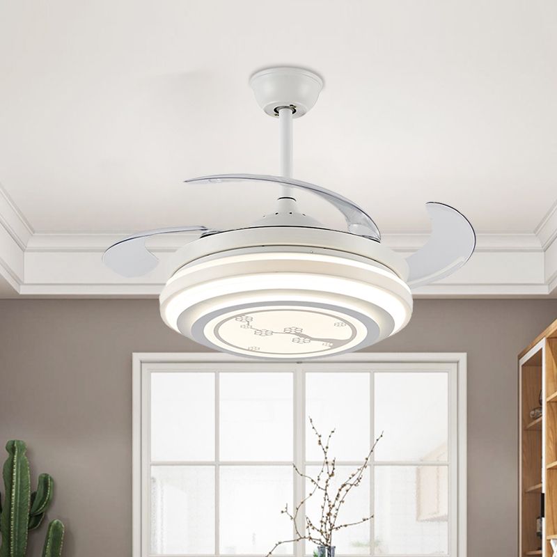 Modern Flower Pattern Semi Flush LED 42" W Acrylic Pendant Fan Lighting in White with 4 Blades, Remote/Wall Control/Frequency Conversion and Remote Control