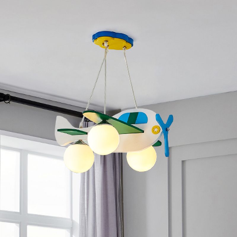 Blue Plane Suspension Lighting Kids 3 Bulbs Ivory Glass Multi Light Pendant for Children Bedroom