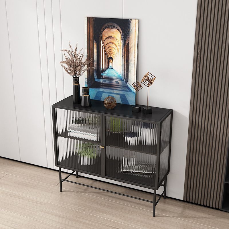 Modern Black Iron Sideboard Glass Doors Cabinets Dining Server for Living Room