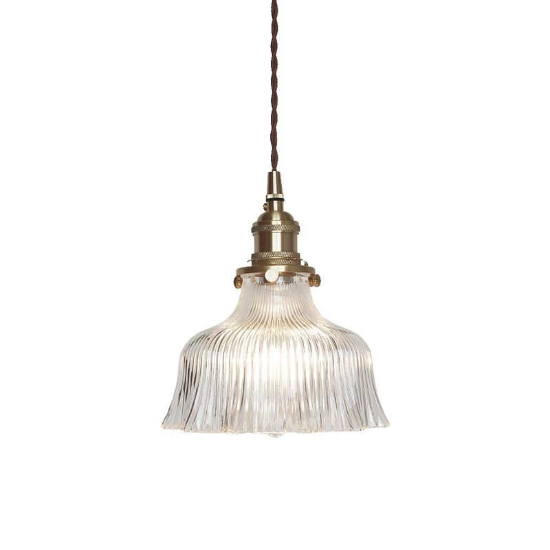 Pleated Clear Glass Pendant Lamp Nautical 1-Light Restaurant Ceiling Light in Brass