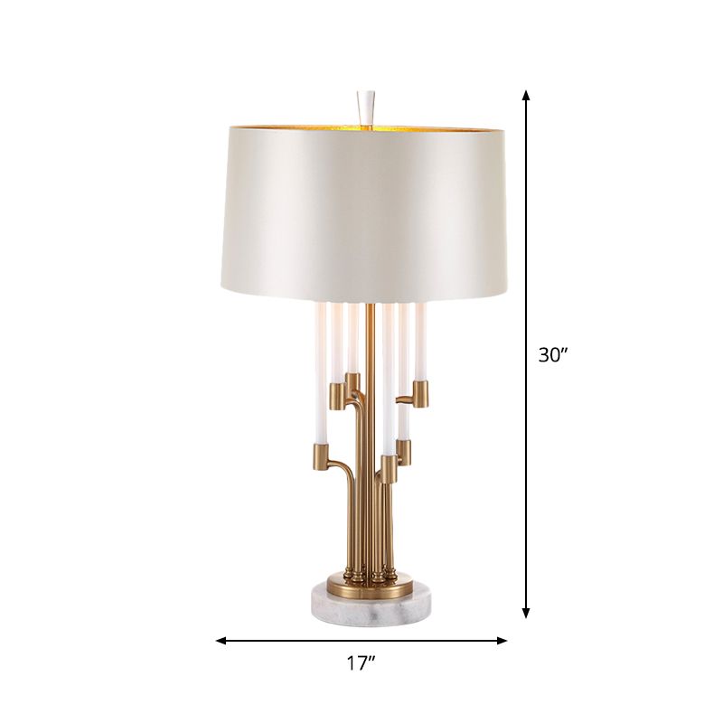 Traditional Drum Table Light 1 Light Fabric Nightstand Lighting in Inner Gold with Flute Crystal Deco