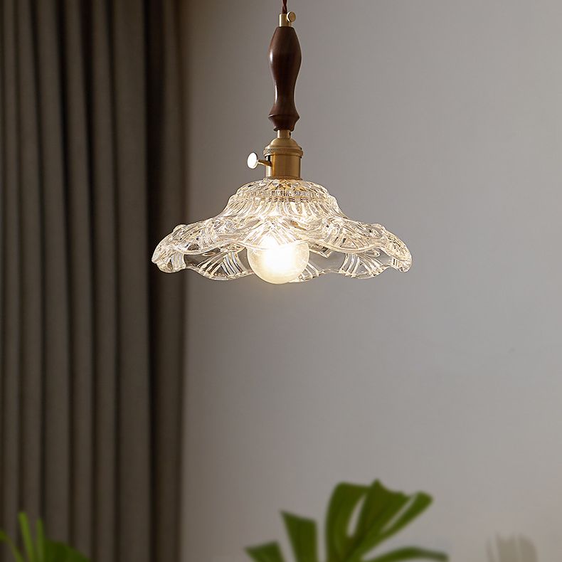 Flower Dining Room Pendant Lighting Vintage Clear Glass 1-Light Brass Pendulum Light