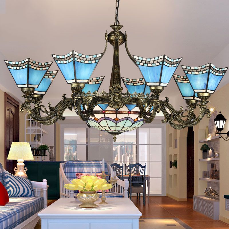 Star Chandelier Lighting Fixture Mediterranean Stained Art Glass Hanging Chandelier