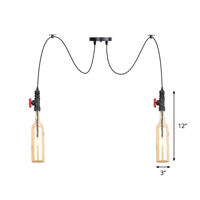 Industriële fles Multi Pendant Light 2/3-Head Amber Glass Swag Suspension Lamp in Black