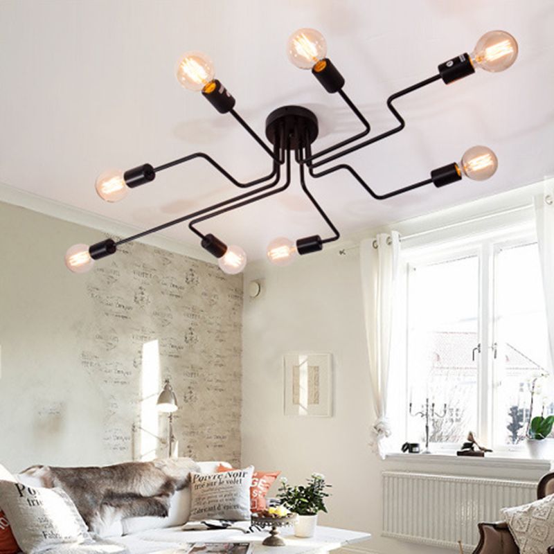 Black Sputnik Semi Flush Mount in Industrial Vintage Style Affermazione Luce con gambo metallico per camera da letto