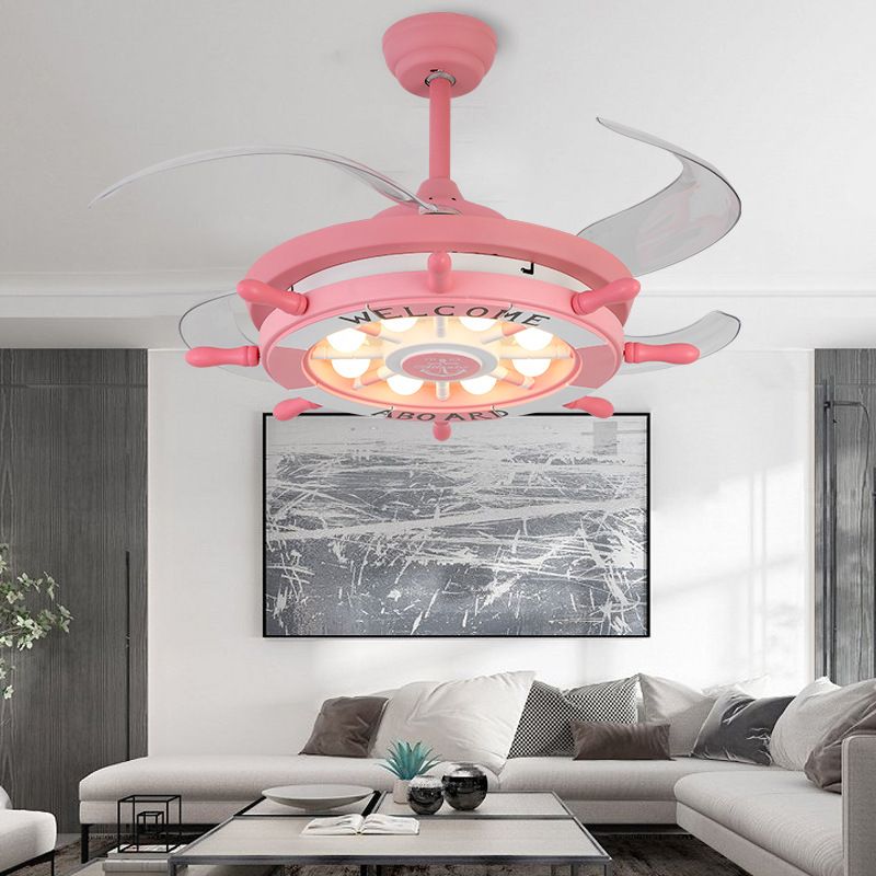 4 Blades Ship Rudder Ceiling Fan Light Childrens Metal LED Pink Semi Mount Lighting for Bedroom, 42" W