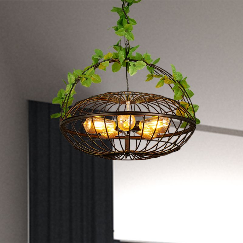 5 Bulbs Metal Pendant Chandelier Industrial Black Basket Cage Shade Restaurant Hanging Lamp with Plant