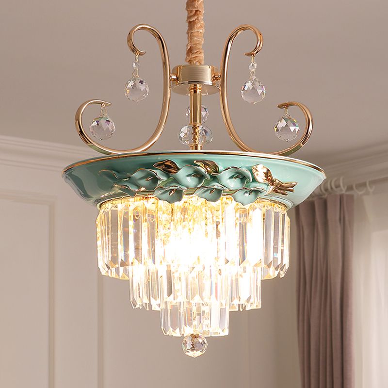 Green Tiered Hanging Chandelier Retro Crystal 3 Heads Pendant Light Fixture for Living Room