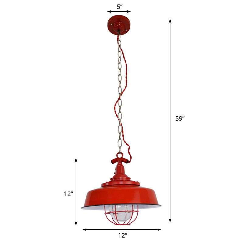 Barn Shade Restaurant Pendant Light Industrial Metal 1-Light Red Hanging Lamp with Wire and Chain