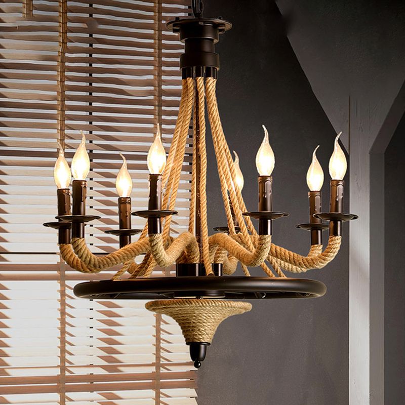 Cougie de corde suspendue Chandelier Farmhouse 8 Bulbes Restaurant Pendant Light en noir avec conception de roues